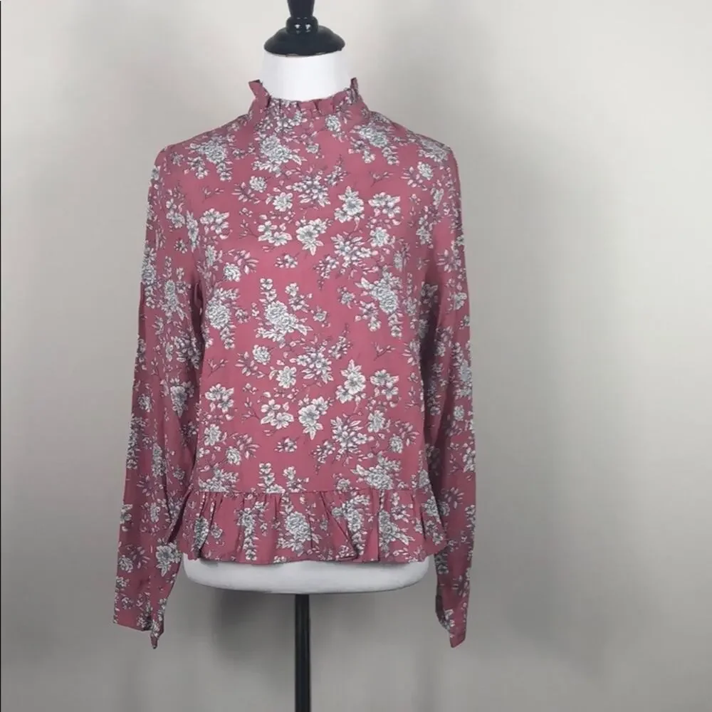 Code Mode Top Pink Ruffle Mock Neck Floral - Picture 2 of 7